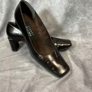 Stuart Weitzman Pumps Wms 6B Brown Leather Square Toe Block Heel Shoe‎ Slip On